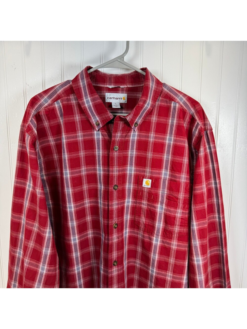 Carhartt Men's Red Plaid Button-Up Shirt XL Relaxed Fit Long Sleeve Work Shirt